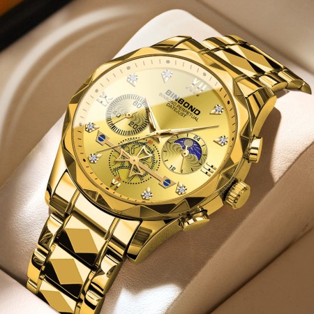 Chronograph no active Watch For Men Stainless Steel Wristwatches-Golden