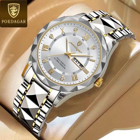 POEDAGAR  diamond glass mens watch-Silver