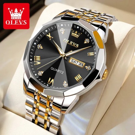 OLEVS 9931 Quartz Watch For Men Rhombus Mirror Stainless Steel Auto Date Week Clock Simplicity Luxury Men's -Silver&Black