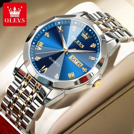 OLEVS 9931 Quartz Watch For Men Rhombus Mirror Stainless Steel Auto Date Week Clock Simplicity Luxury Mens -Silver&Blue