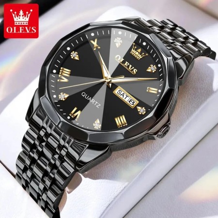 OLEVS 9931 Quartz Watch For Men Rhombus Mirror Stainless Steel Auto Date Week Clock Simplicity Luxury Mens -Black
