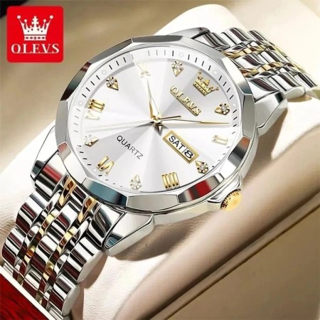 OLEVS 9931 Quartz Watch For Men Rhombus Mirror Stainless Steel Auto Date Week Clock Simplicity Luxury Mens -Silver