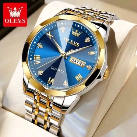 OLEVS 9931 Quartz Watch For Men Rhombus Mirror Stainless Steel Auto Date Week Clock Simplicity Luxury Mens -Golen&Blue