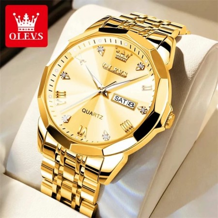 OLEVS 9931 Quartz Watch For Men Rhombus Mirror Stainless Steel Auto Date Week Clock Simplicity Luxury Mens --Golden