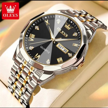 OLEVS 9931 Quartz Watch For Men Rhombus Mirror Stainless Steel Auto Date Week Clock Simplicity Luxury Mens - Silver & Black
