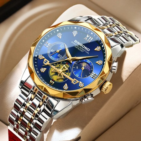 Chronograph no active Watch For Men Stainless Steel Wrist watches-Silver &Blue